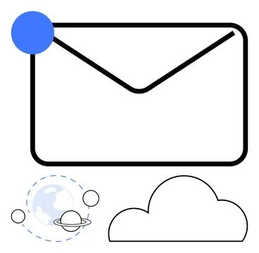 Email envelope with blue notification dot, cloud, and miniature planetary sys Stock Illustration