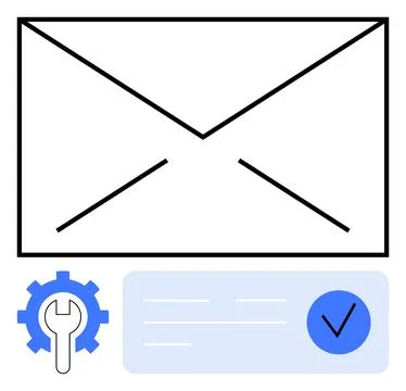 Email envelope with gear and checkmark icons representing settings and veri.. Stock Illustration