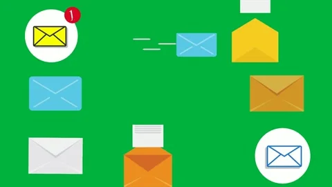 Email envelope icon green background yellow square screen white red button. Stock Footage 310563197