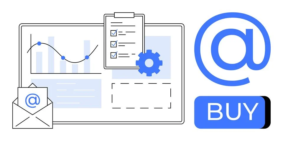 Email envelope with symbol, analytics chart with clipboard and checklist, gea Illustrazione stock