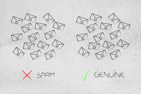 Email envelopes divided into 2 groups of genuine communication and spam Stock Illustration