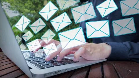 Email Flow Visualization with Laptop and Floating Envelope Icons Stock Photos