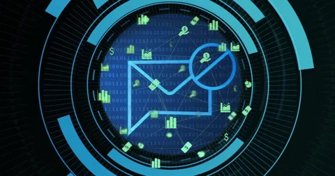 Email icon and financial data animation over binary code background Stock Footage 305727604