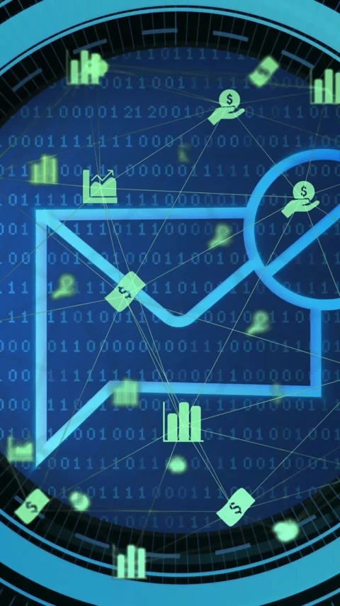 Email icon and financial data animation over binary code background Stock Footage 320093749
