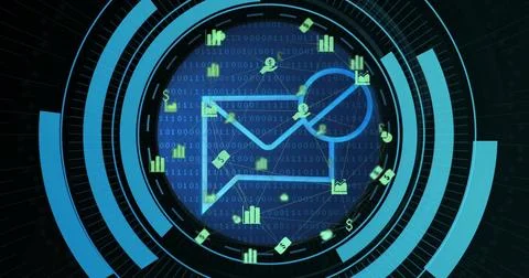 Email icon and financial data image over binary code background Stock Illustration