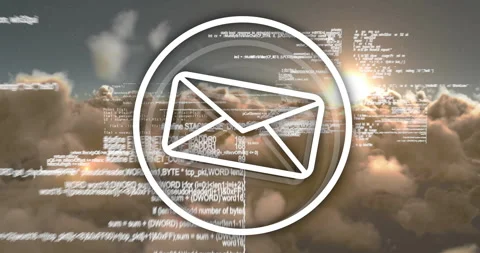 Email icon animation over digital code and clouds background Stock Footage 306433269
