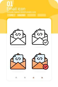 Email icon with coding premium symbol with filled, outline and colored style Stock Illustration