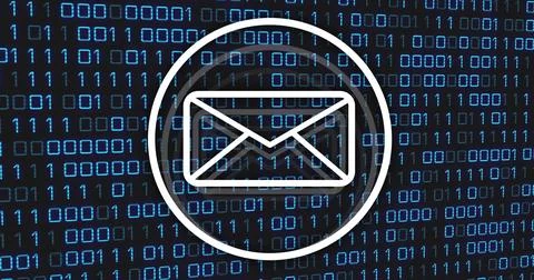 Email icon image over binary code background Stock Photos