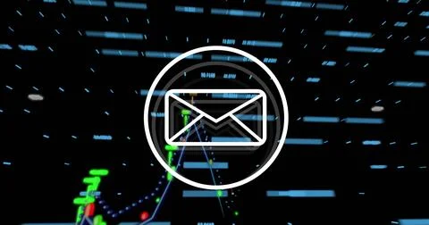 Email icon image over digital data and graphs on dark background Foto stock