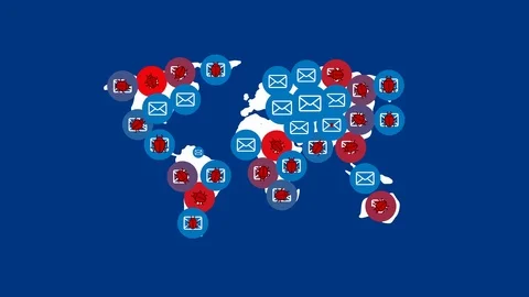 Email icon with malware, virus or bug pop up on world map, Internet Stock Footage 108131178