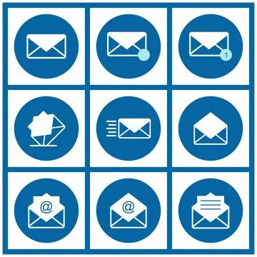 Email icons set on blue background. Vector illustration. Collection of mail Stock Illustration