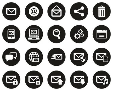 Email Icons White On Black Flat Design Circle Set big Stock Illustration