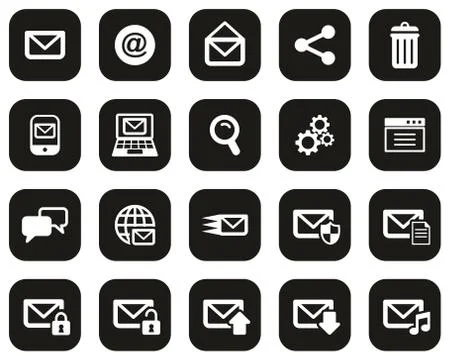 Email Icons White On Black Flat Design Set big Stock Illustration