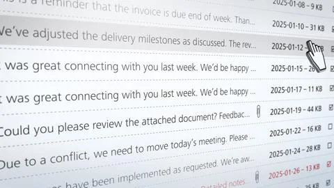 Email inbox interface with mouse cursor hovering over message list, highlighting Stock Illustration