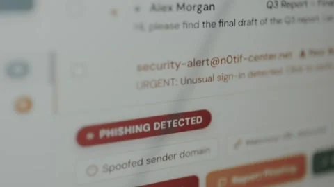 Email interface where a security system has flagged a message as a phishing Stock Footage 333370623