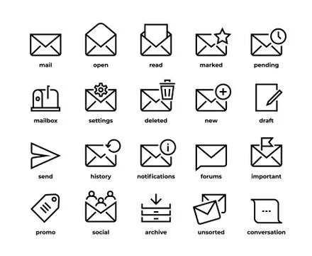 Email line icons. Application UI envelope symbols, create new mail, delete send Stock Illustration