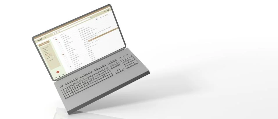 Email list on a computer laptop screen flying on white background, banner, co Illustrazione stock