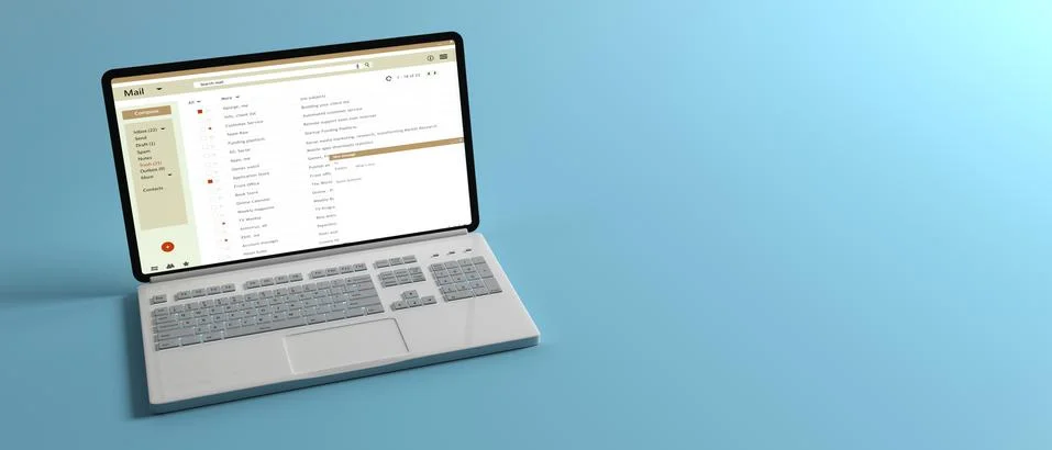 Email list on a computer laptop screen isolated on blue pastel background, ba イラスト素材