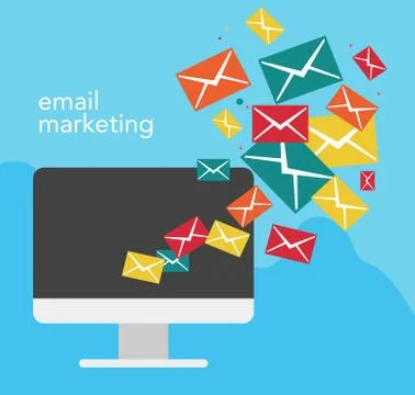 Email marketing concept with a computer and flying letters from it. Stock Illustration
