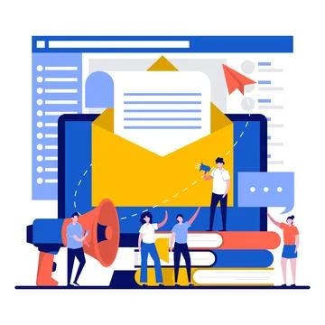 Email marketing concept with tiny character. People open and read advertisi.. Stock Illustration