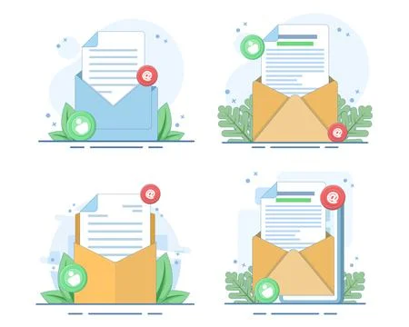 Email marketing set featuring open envelopes, newsletters, digital messages. Stock Illustration