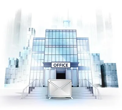 Email message in front of office building as business city concept render 스톡 일러스트