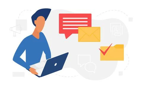 Email message, mail letter notification concept with man reading incoming sms Stock Illustration