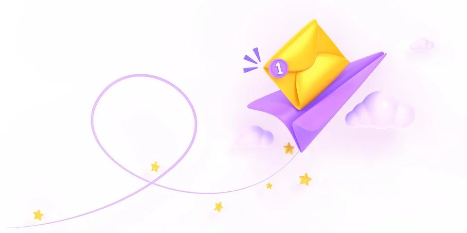 Email message service 3d render. Flying paper plane and mail envelope in sky Illustrazione stock