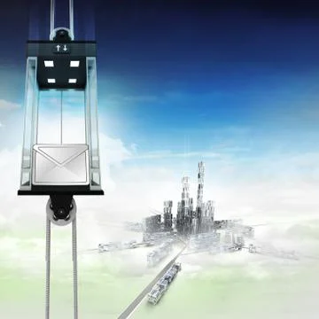 Email message in sky space elevator concept above city illustration Illustrazione stock