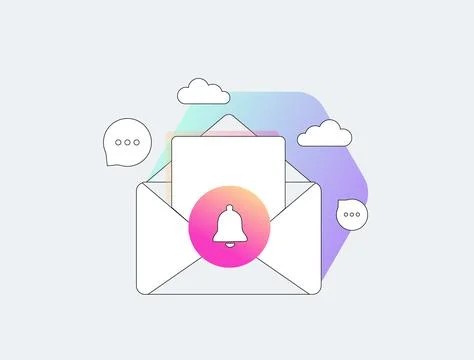 Email notification envelope opens with bell alert symbol, speech bubbles, clouds Stock Illustration