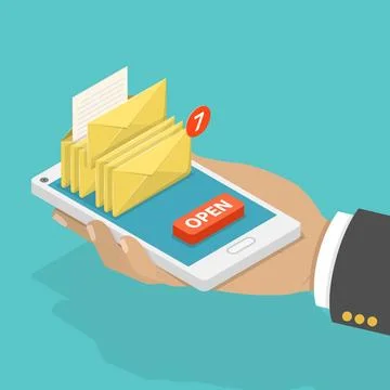 Email notification flat isometric concept. A hand is holding a smartphone ... 写真素材