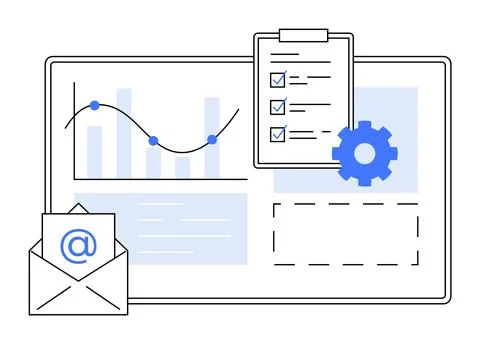 Email Notification with Graph, Checklist, and Settings Gear on Screen Stock Illustration