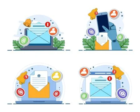 Email notification illustration set featuring device screens, unread messages. Stock Illustration