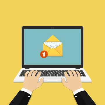 Email notification. Man hands using laptop with new email icon on screen. Fla Stock Illustration