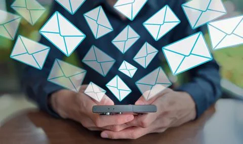 Email Notification Overload with Smartphone and Floating Envelope Icons Stock Photos
