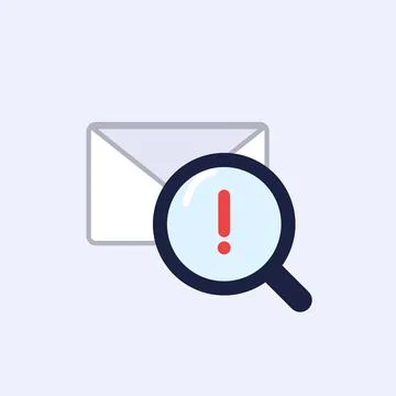 Email scam detection flat icon with magnifying glass and red exclamation mark Stock Illustration