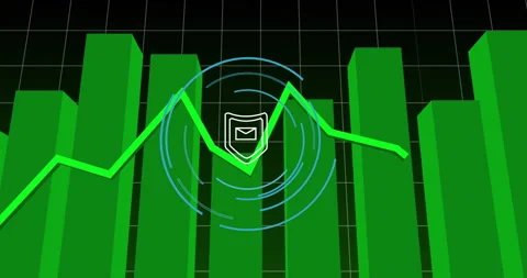 Email security animation over green bar graph and line chart Stock Footage 305620672