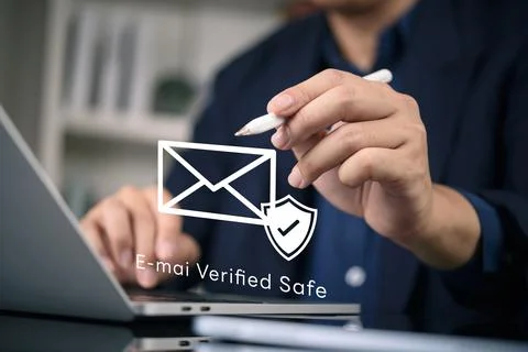 Email security concept. Businessman working laptop check verified message. .. Stock Photos