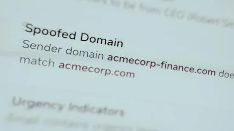 Email security panel flags a spoofed finance domain that does not match Stock Photos