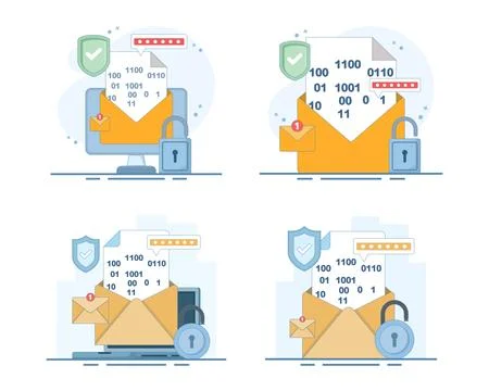 Email security set featuring encryption, password protection, message alerts. Stock Illustration