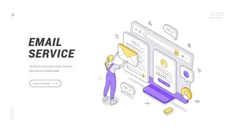 Email service isometric banner template. Vector illustration of digital commu 스톡 일러스트