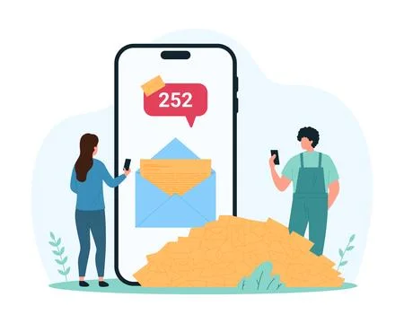 Email spam and SMS overload, heap of scam letters in mailbox mobile app of tiny 스톡 일러스트