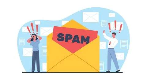 Email spam, huge envelope and tiny man and woman unhappy with noisy message Stock Illustration