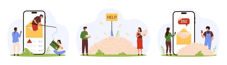 Email spam overload, phishing attack set, tiny people drowning in letters, scam 스톡 일러스트