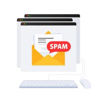 Email spamming attack. Email box hacking, spam warning. Stock Illustration