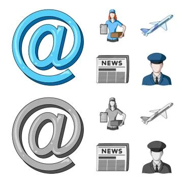 Email symbol, courier with parcel, postal airplane, pack of newspapers.Mail and Illustration