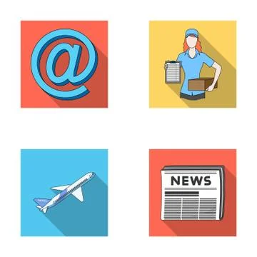 Email symbol, courier with parcel, postal airplane, pack of newspapers.Mail and Illustration