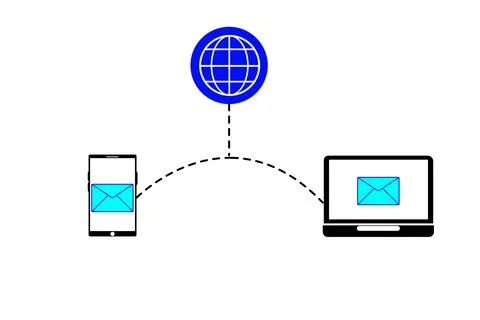 Email synchronization between a smartphone and a laptop with a world icon r.. Stock Illustration