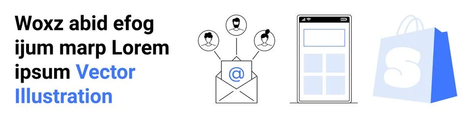 Email with user icons, a mobile interface, and a shopping bag icon. Ideal for Ilustración de archivo