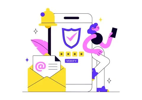 Email Verification Vector Illustration Featuring Secure Email Authenticatio.. Stock Illustration